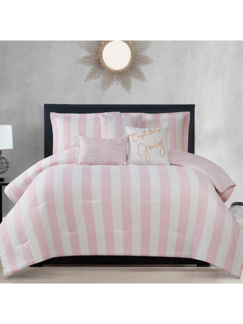 Reversible Queen/Full Bedding Set - 6 Piece Pink & White Stripe Comforter